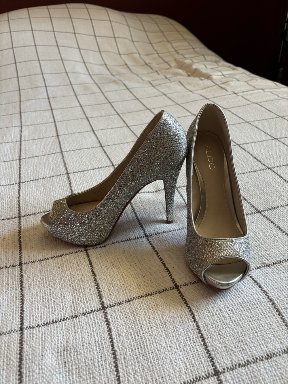 ALDO Silver Glitter Peep-Toe Stiletto Heels